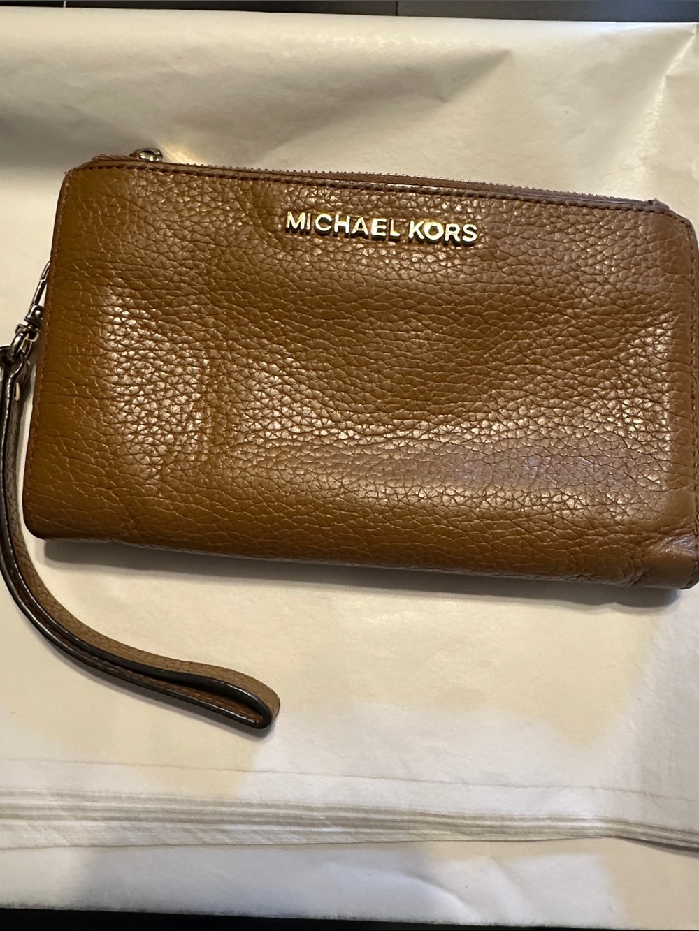 Michael Kors Brown Leather Wristlet Wallet Zip Around Clutch Wrist Strap